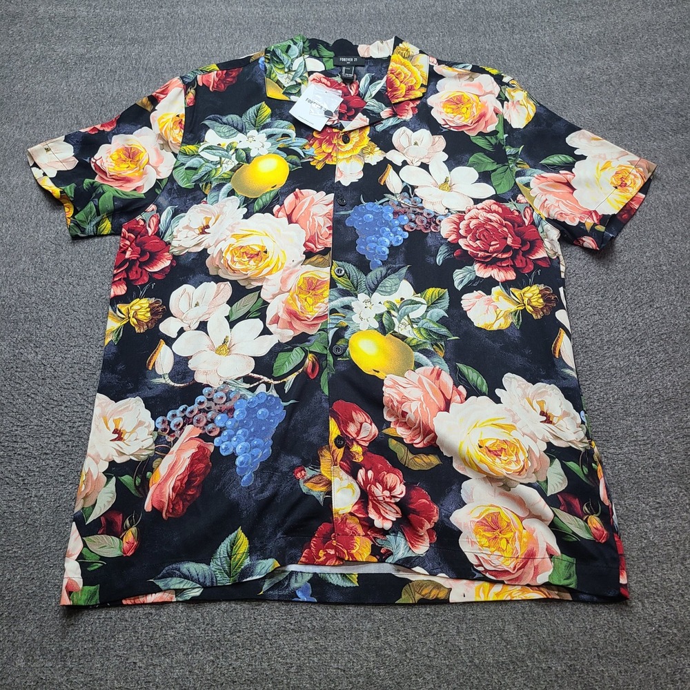 Forever 21 Floral Button Down Mens Large Black New Fruit Print Rayon Camp Shirt